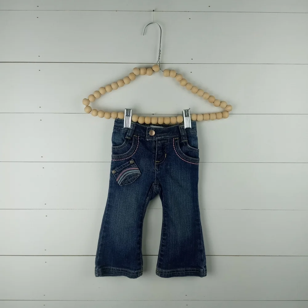 Old Navy girls size 12-18 dark wash bell bottom embroidery design jeans